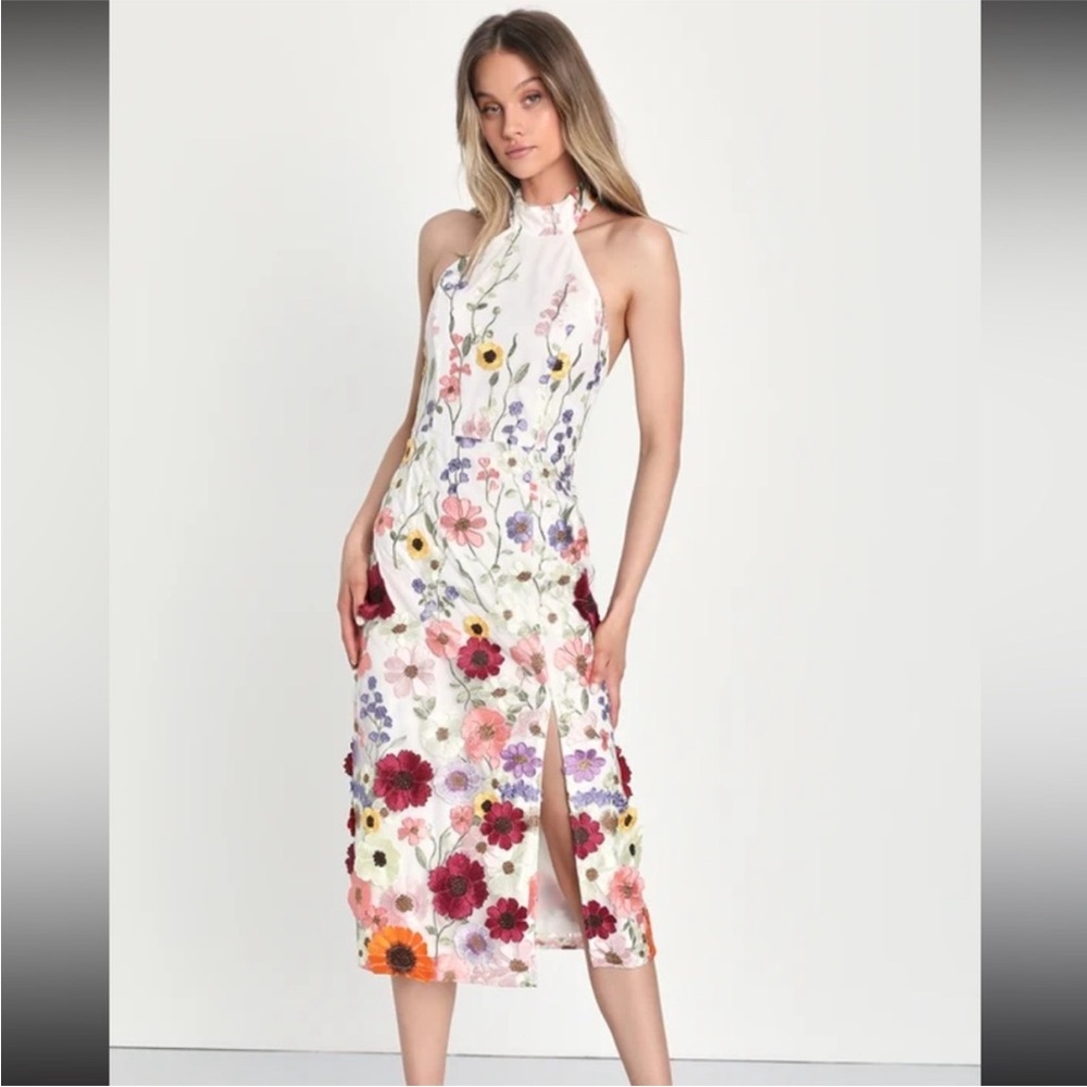 Lulu's Multicolor 3D Floral Midi Halter Dress